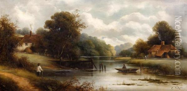 River Landscape With Cottages And Figures Oil Painting - Charles Vickers
