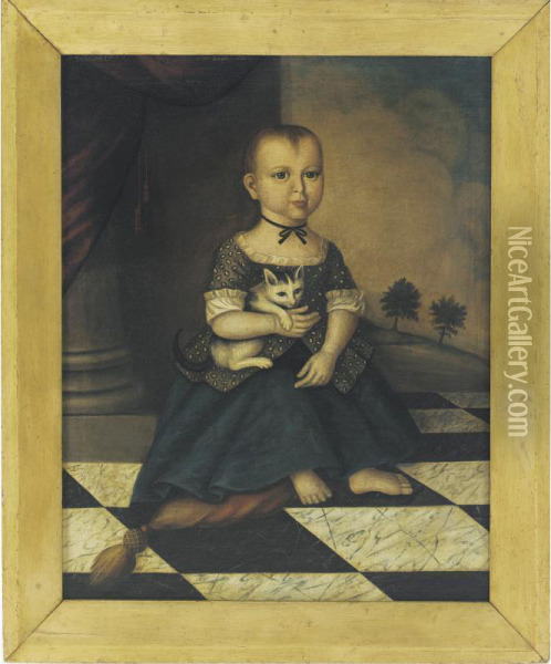 Portrait Of A Child Seated On A Marble Floor Holding A Cat Oil Painting - Joseph Badger