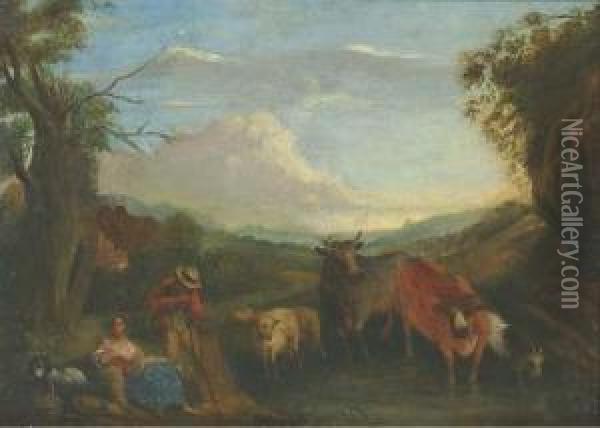 Shepherds With Cattle And Sheep Watering In A Wooded Landscape Oil Painting - Willem de Heusch
