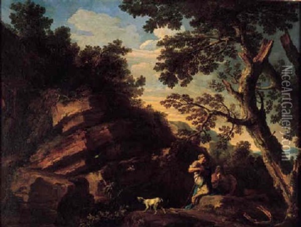 A Rocky River Landscape With Figures Conversing Beneath A Tree And A Dog Barking At Flying Birds Oil Painting - Andrea Locatelli