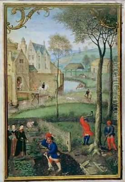 March felling trees, from a Book of Hours Oil Painting - Simon Bening