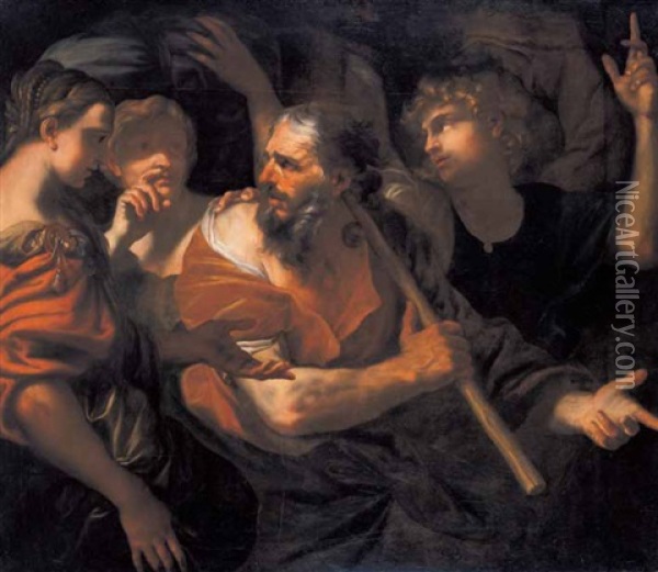 L'angelo Esorta Lot A Fuggire Con La Famiglia Da Sodoma E Gomorra Oil Painting - Domenico Piola