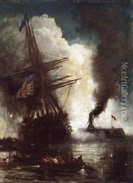Battle Between Ironclad, Merrimac and Chesapeake Oil Painting - Edward Moran