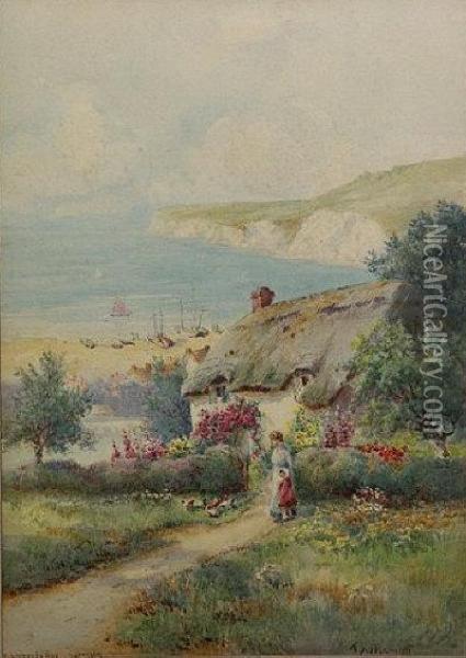 Robin Hood's Bay, Yorkshire. Cottages Above The Beach. Oil Painting - Thomas Noelsmith