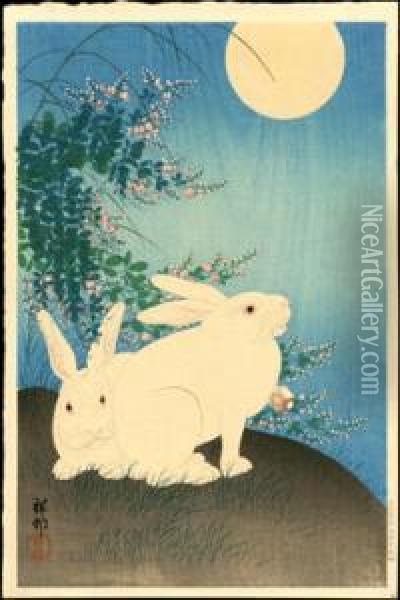 Two Rabbits And Bush Clover, A Full Moonabove Oil Painting - Ohara Koson