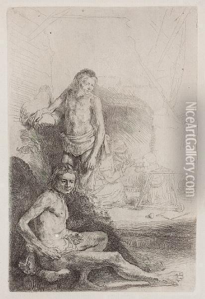 Nude Man Seated And Another Standing With Awoman And A Baby Oil Painting - Rembrandt Van Rijn