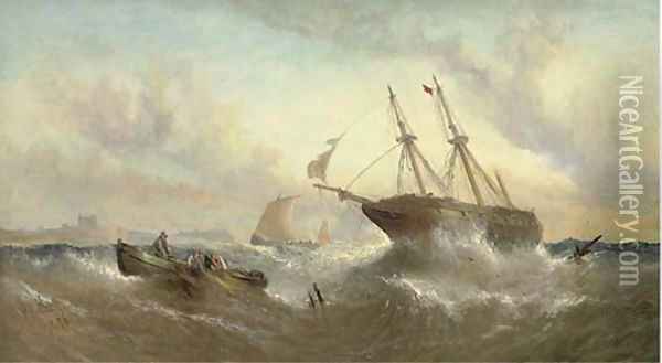 A merchantman ashore off Dunstanburgh Castle Oil Painting - William Calcott Knell