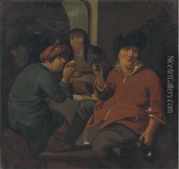 Boors Making Merry And Drinking In An Interior Oil Painting - Bernardus Van Schendel