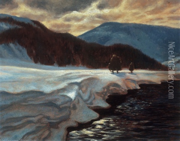 Snowy Riverbank On A Winter's Day Oil Painting - Francis Hans Johnston