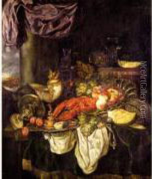 Nature Morte Au Homard, Aux 
Fruits Et Aux Raisins, Avec Un Nautile, Une Coupe En Argent Et Des 
Verres. Oil Painting - Abraham Hendrickz Van Beyeren