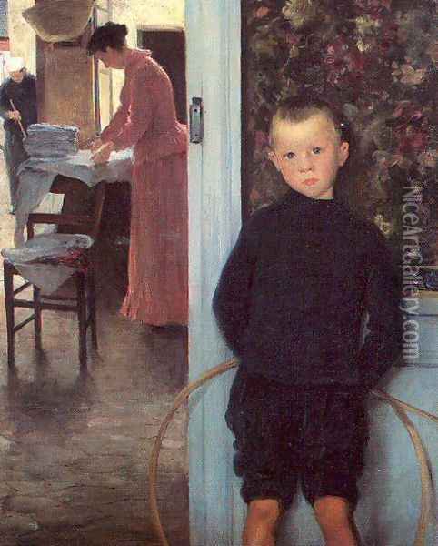 Woman & Child in an Interior (Son of the Artist) Oil Painting - Paul Mathey