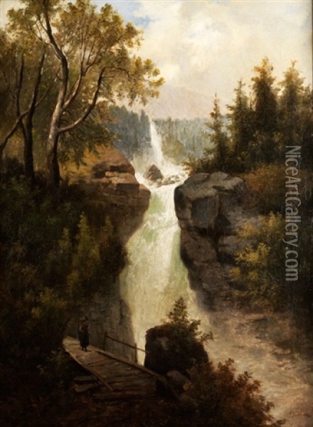 Rauschender Wasserfall Im Hochgebirge Mit Figurenstaffage Oil Painting - Johann Jakob Dorner the Younger