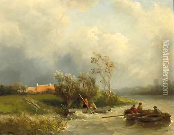 Fishermen in a rowing boat on a choppy river Oil Painting - Salomon Leonardus Verveer
