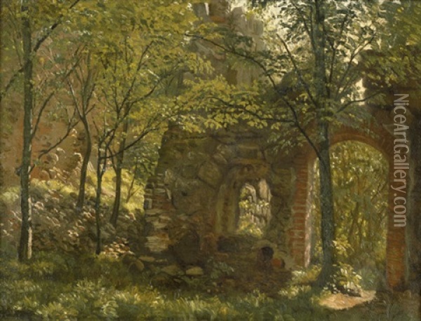 Bewachsene Ruinen Der Festung Hammershus Auf Bornholm Oil Painting - Johannes Herman Brandt