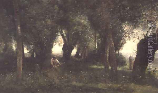 Man Scything by a Willow Plot, c.1855-60 Oil Painting - Jean-Baptiste-Camille Corot