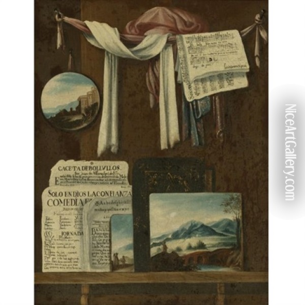 Trompe L'oeil Still Life With Newspapers, Sheet Music, Oil Paintings And Other Objects Resting On A Wood Shelf Oil Painting - Bernardo German Llorente