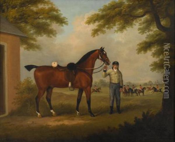 The Charger Of An Officer Of 
Yeomanry Held By A Groom In Stable Dress With Members Of The Troop In 
The Background Oil Painting - John Nost Sartorius