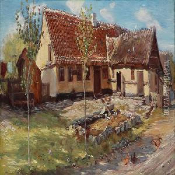 Chicken In Front Of A Farmhouse Oil Painting - Theodor Philipsen