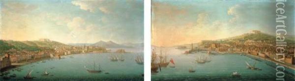 The Bay Of Naples, From The 
Posillipo, With The Riviera Di Chiaia, The Pizzofalcone Barracks, The 
Castel Sant'elmo, The Certosa Di San Martino, And The Castel Dell'ovo, 
With Vesuvius Beyond; And The Bay Of Naples From San Giovanni A Teduccio
 Looki Oil Painting - Antonio Joli