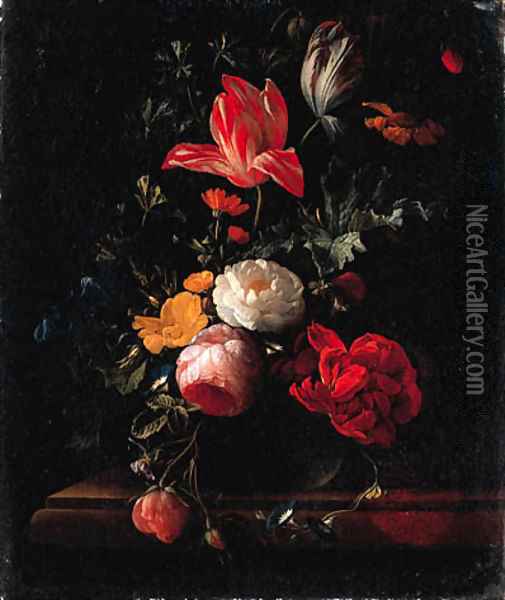 Pink and red Roses, Parrot Tulips, Camellias, Marigolds and other Flowers in a Vase on a Ledge Oil Painting - Elias van den Broeck