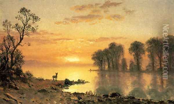 Sunset, Deer, and River Oil Painting - Albert Bierstadt
