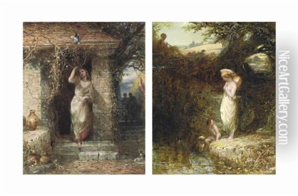 The Terrace, Haddon Hall And At The Well (pair) Oil Painting - Alfred Joseph Woolmer