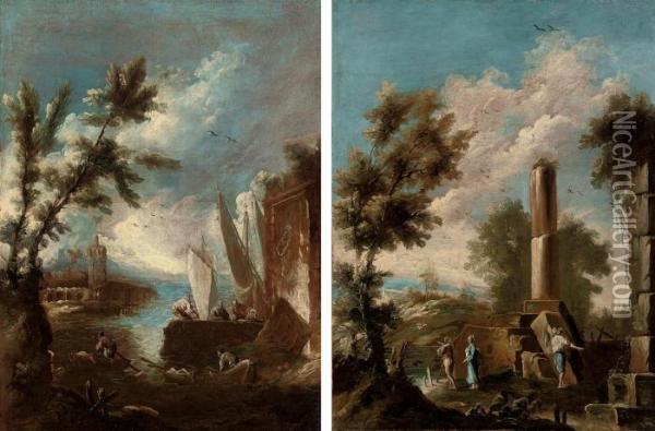 A Wooded Landscape With Figures Amongst Ruins Oil Painting - Antonio Francesco Peruzzini