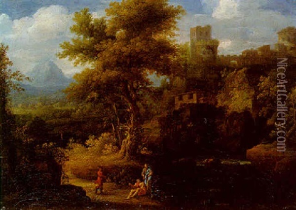 An Italianate Landscape With Figures Resting By A Torrent Near A Castle Oil Painting - Gaspard Dughet