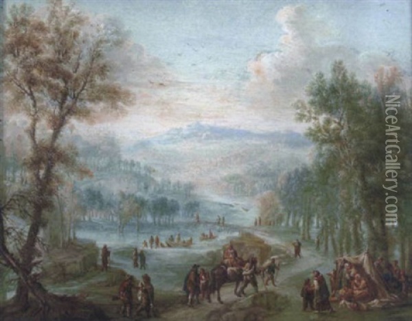 Weite, Bewaldete Landschaft Mit Reisenden, Jagern Und Einem Zigeunerlager Oil Painting - Robert Griffier