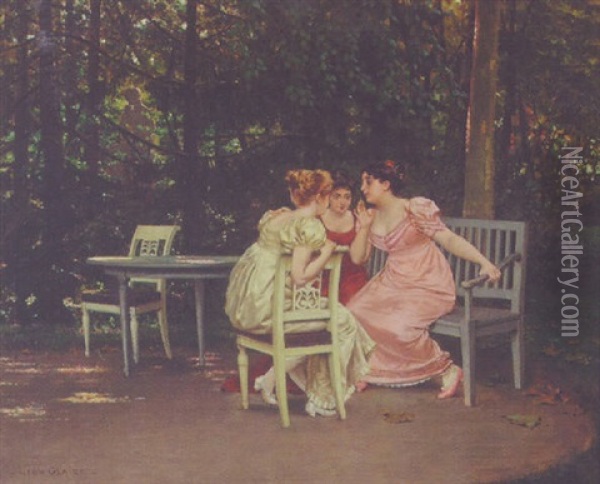 Three Ladies Sharing Secrets In The Garden Oil Painting - Pierre Paul Leon Glaize