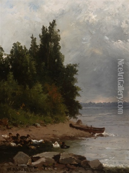 Ducks & Boat At Water's Edge Oil Painting - William Raphael
