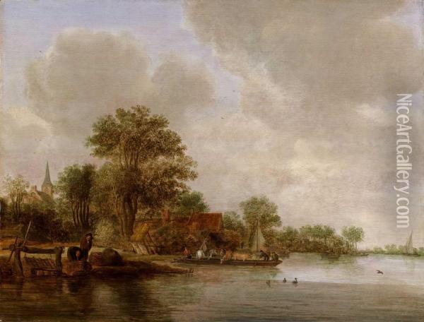 Flusslandschaft Mit Beladener Bootsfahre Oil Painting - Jan Coelenbier