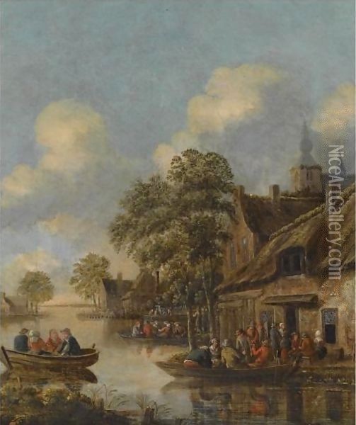A Riverside Village, With Numerous Figures In Rowing Boats Outside An Inn Oil Painting - Thomas Heeremans