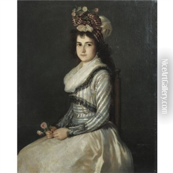Portrait Of A Young Woman Holding Two Roses Oil Painting - Agustin Esteve Y Marques