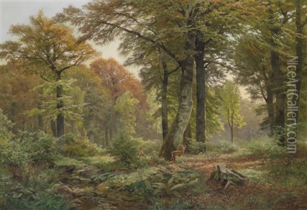 Kleine Waldlichtung Mit Rehwild Oil Painting - Heinrich Boehmer