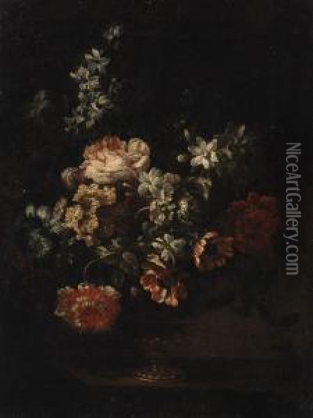 Carnations, Roses, Tulips And Other Flowers In An Glass Vase On Aledge Oil Painting - Simon Hardime