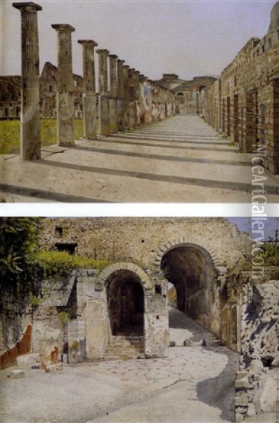The Gladiators' Barracks, Pompei (+ The Porta Marina, Pompei; Pair) Oil Painting - Josef Theodor Hansen