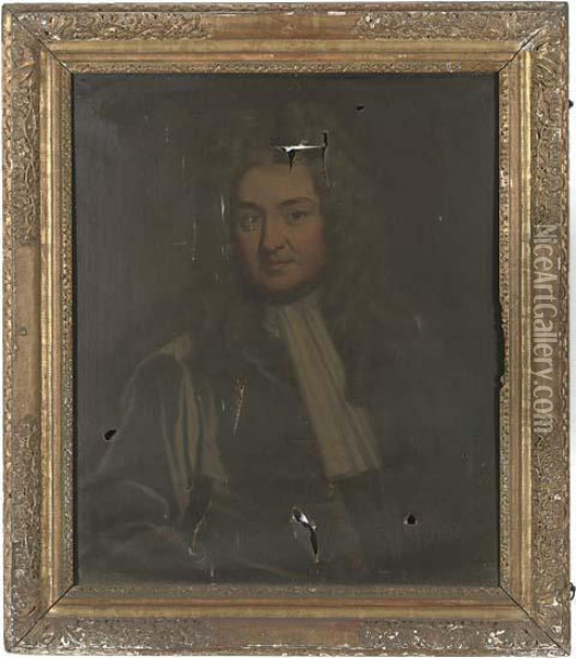 Portrait Of A Gentleman, Half-length, In A Blue Coat And White Cravat Oil Painting - Sir Godfrey Kneller