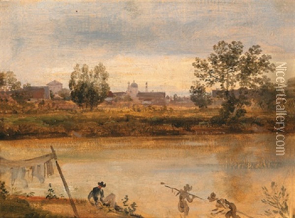 Angler Am Fluss, Im Hintergrund Eine Stadt Oil Painting - Georg Maximilian Johann Von Dillis