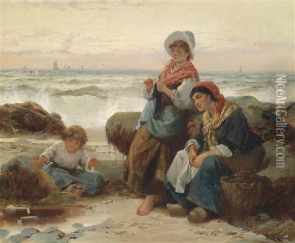 Fischerfrauen Mit Kind An Der Kuste Oil Painting - Robert Kemm