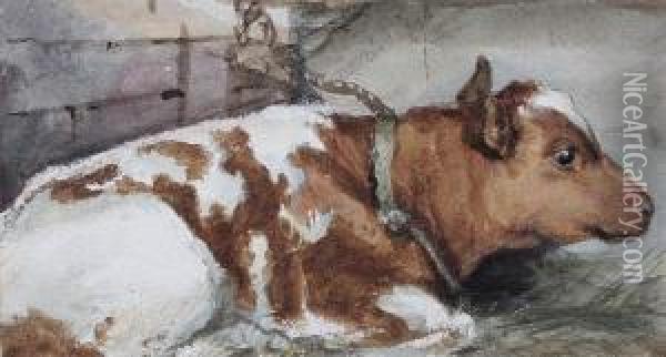 Cow Resting In A Byre Oil Painting - Francois Theodore Rochard