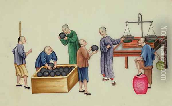 Chinese dealers testing and weighing opium, from 'The Evils of Opium Smoking' Oil Painting - Anonymous Artist