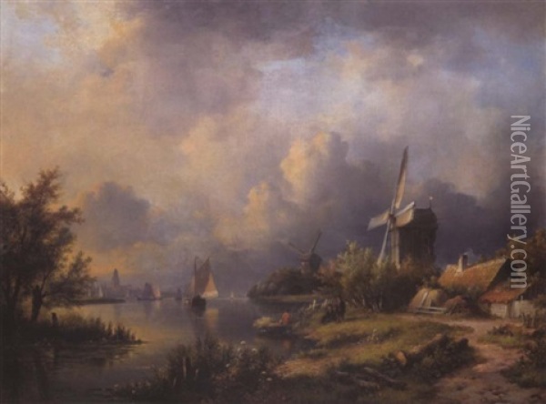 Hollandische Fluslandschaft Mit Fischern Oil Painting - Lodewijk Johannes Kleijn