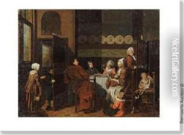 Entourage. Interieur De Cuisine Avec Scene Domestique. Oil Painting - Jan Josef, the Elder Horemans