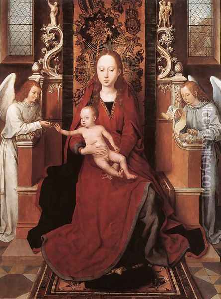 Virgin and Child Enthroned with Two Angels 1485-90 Oil Painting - Hans Memling