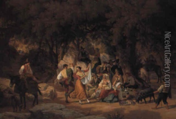 Folkelivscene Med Italienere Pa Skovtur Oil Painting - Peter (Johann P.) Raadsig