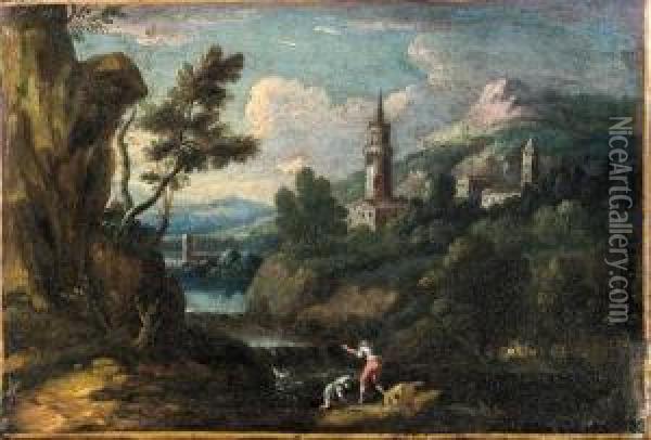 Paesaggio Lacustre Con Due Astanti E Un Borgo Turrito Inlontananza Oil Painting - Bartolomeo Pedon