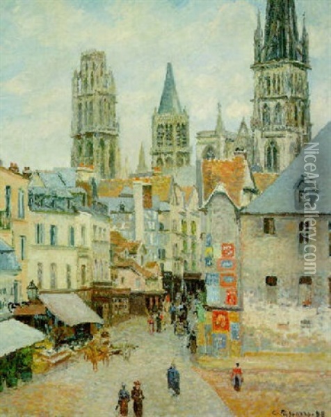 La Rue De L'epicerie A Rounen,matin, Temps Gris Oil Painting - Camille Pissarro
