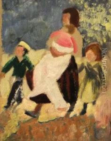 Mother And Child And Children In A Garden Oil Painting - Christopher Wood
