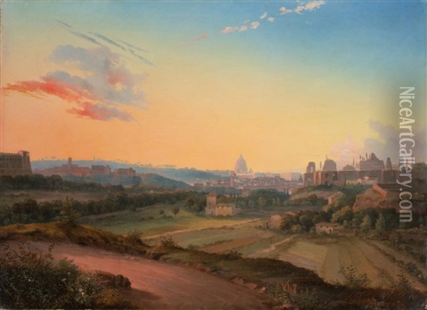 View Of Rome In The Evening Light Oil Painting - Johann Wilhelm Bruecke
